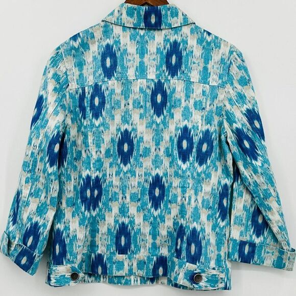 Chicos (0) Ikat Linen Jacket Denim Style Womens Small Blue Aqua Metallic Silver - Picture 3 of 9